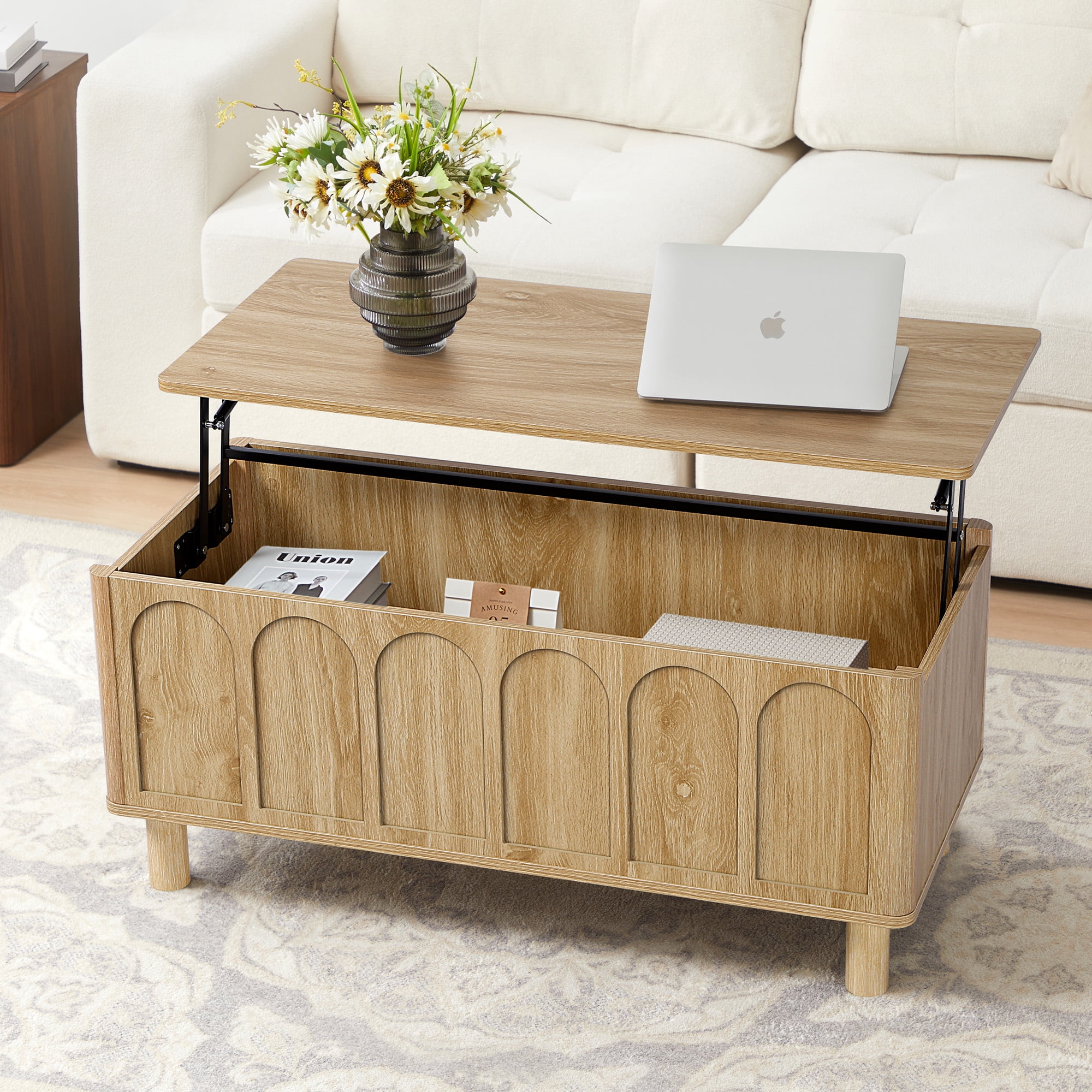 YOCWO Lift Top Coffee Table with Hidden Compartment & Storage Shelve, Arched Fluted Coffee Table for Living Room, Oak