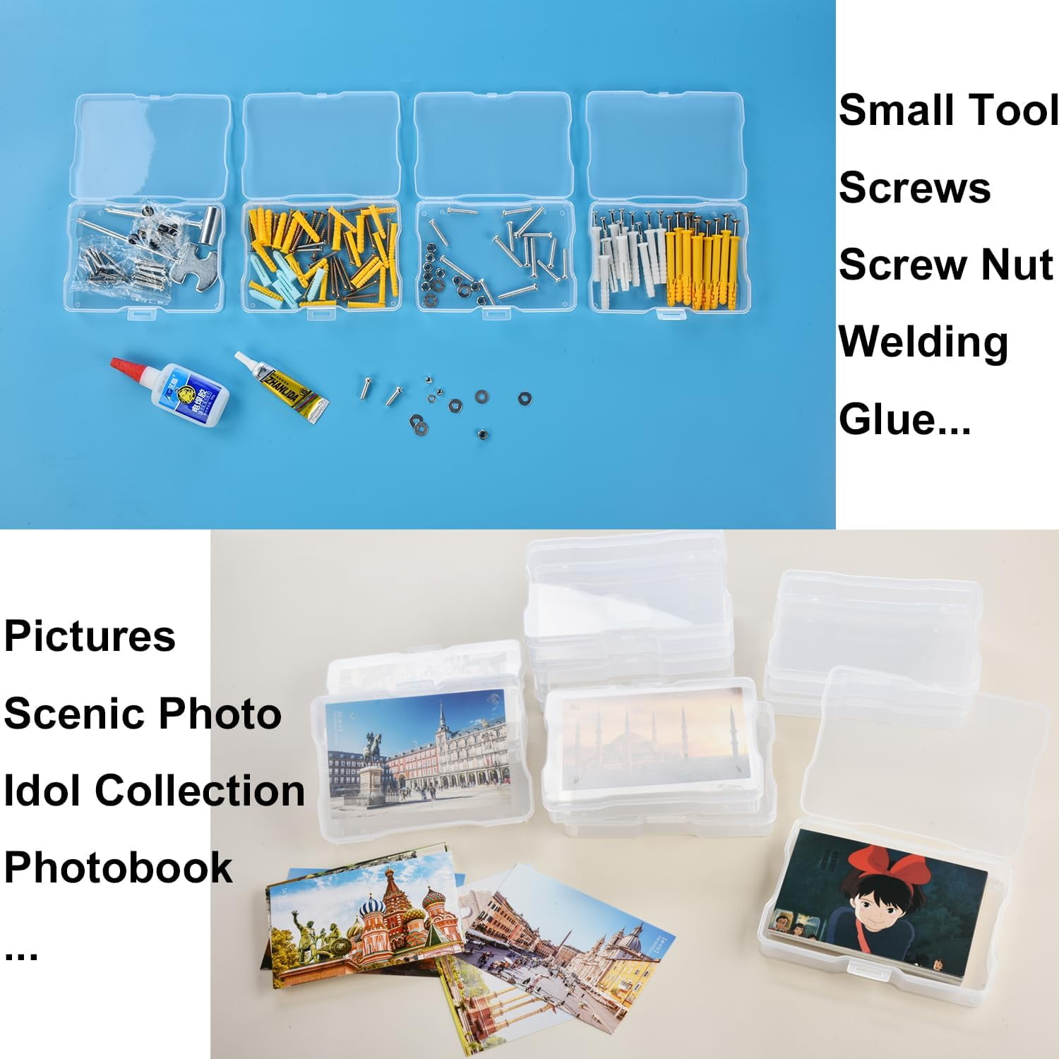 Photo Storage Box with 16 Inner 4" x 6" Photo Case, Portable Storage Organizer with Handle Craft Keeper for Picture, Stickers, Stamps, Screws, Hair Clips, Clear