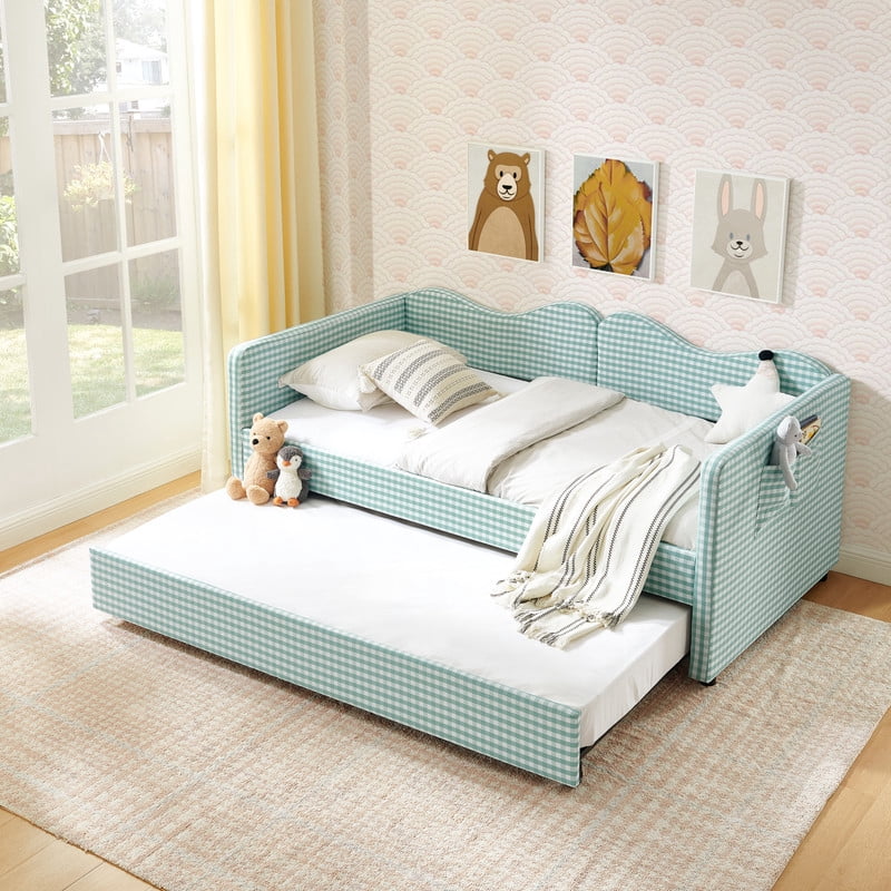 Twin to King Size Daybed with Trundle, Gingham Upholstered Day Bed Frame with Side Storage Pocket and Wave Backrest, Sofa Bed Frame for Bedroom, No Box Spring Needed