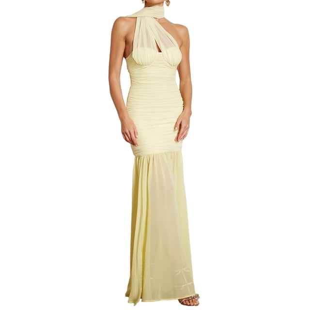 Vestido BELLA BARNETT, amarillo, glamuroso y fluido, halter, de malla fruncida