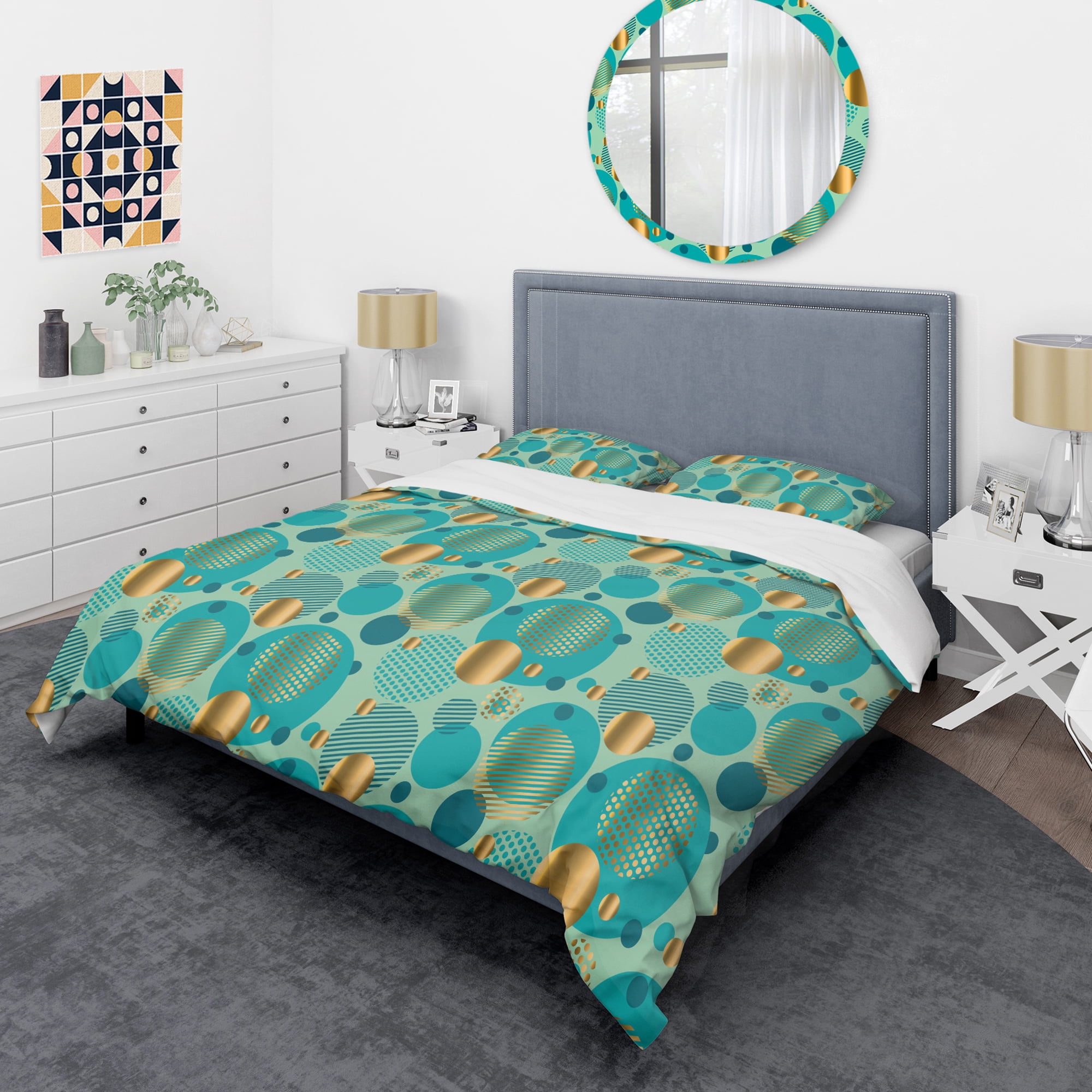 Designart 'Gold and Blue Dynamics III' Mid-Century Modern Duvet Cover Set