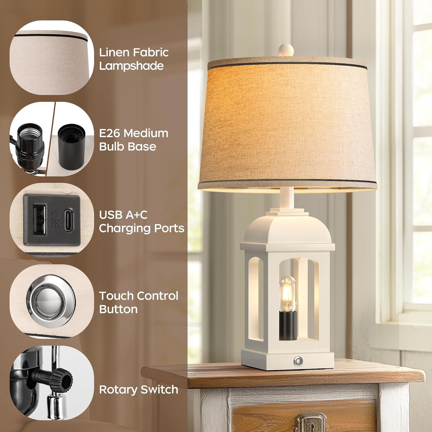 Table Lamp for Living Room, Farmhouse Lamps Set of 2 with USB A+C and Nightlight, 26" Rustic Bedside Lamps with 3-Way Dimmable, Touch Nightstand Lamp for Bedroom, White