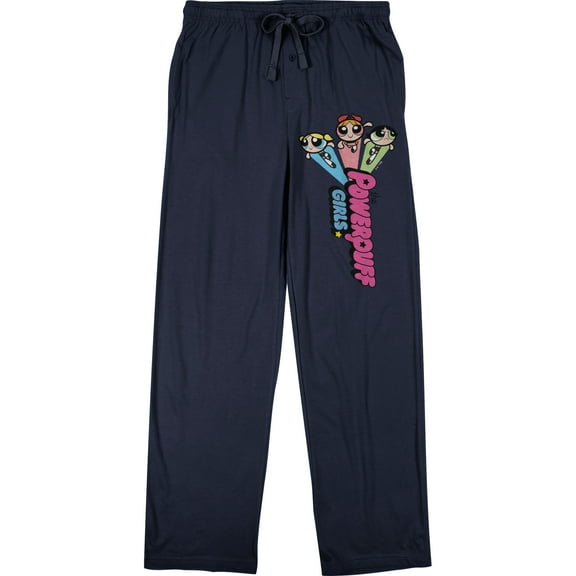 Powerpuff Girls Bubbles Blossom Buttercup Flying Above Logo Men's Navy Sleep Pajama Pants-Medium