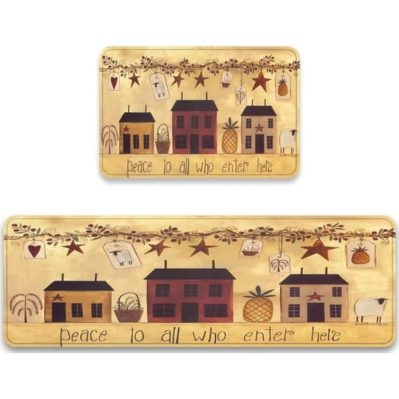 Autumn Fall Kitchen Rug Sets 2 Pieces Country House Rustic Berry Patriotic Star Thanksgiving Floor Mats Washable Barn 17.7inch X 47.2inch 17.5inch X 29.5inch