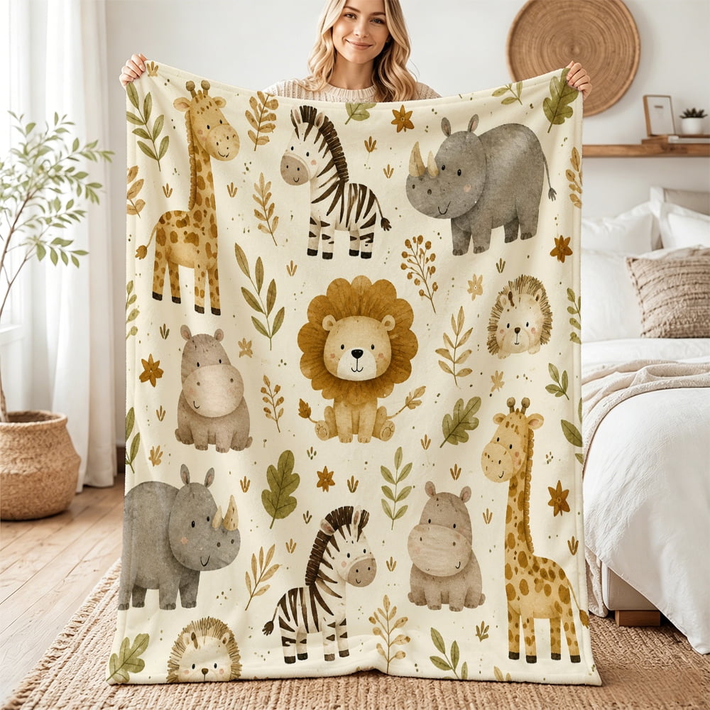 Taplcvy Neutral Safari Animal Nursery Flannel Throw Blanket, Baby Shower Gift, 30" x 40"