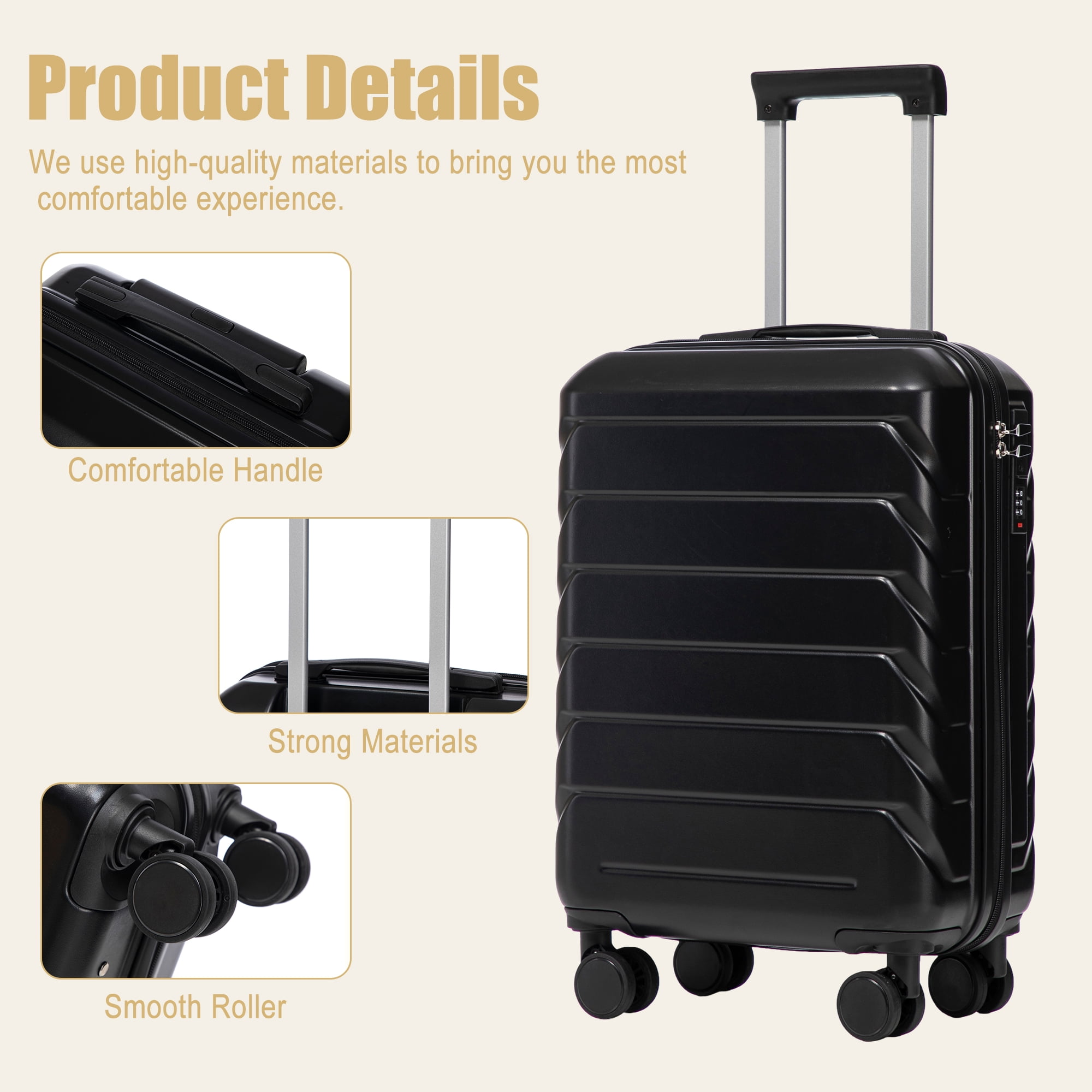 Alvantor 20inch Luggage, ABS Scratch Resistant Checked Suitcase with 4 Spinner Wheels and Lock, Black