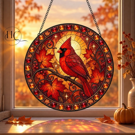 Faux Stained Glass Window Hanging Suncatcher, Autumn Cardinal and Maple Leaves for Fall Decor