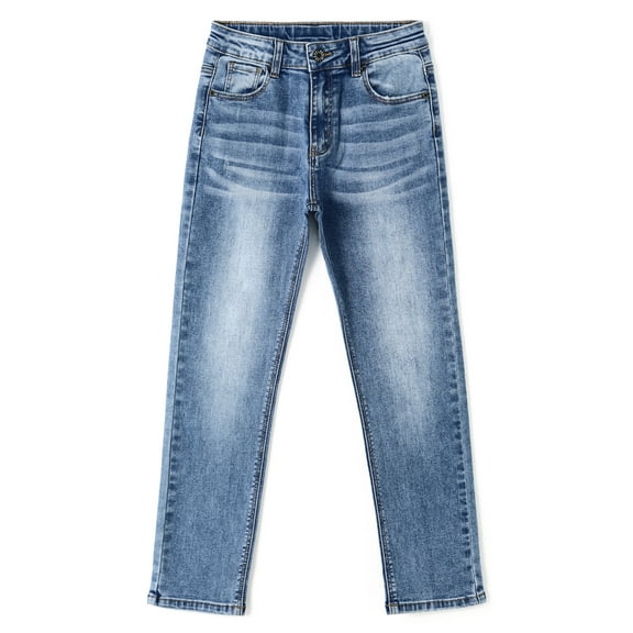 KIDSCOOL SPACE Little Girl Jeans,Kid Ripped Straight Slim Fit Elastic Band Inside Denim Jeans Pants,Light Blue,7-8 Years