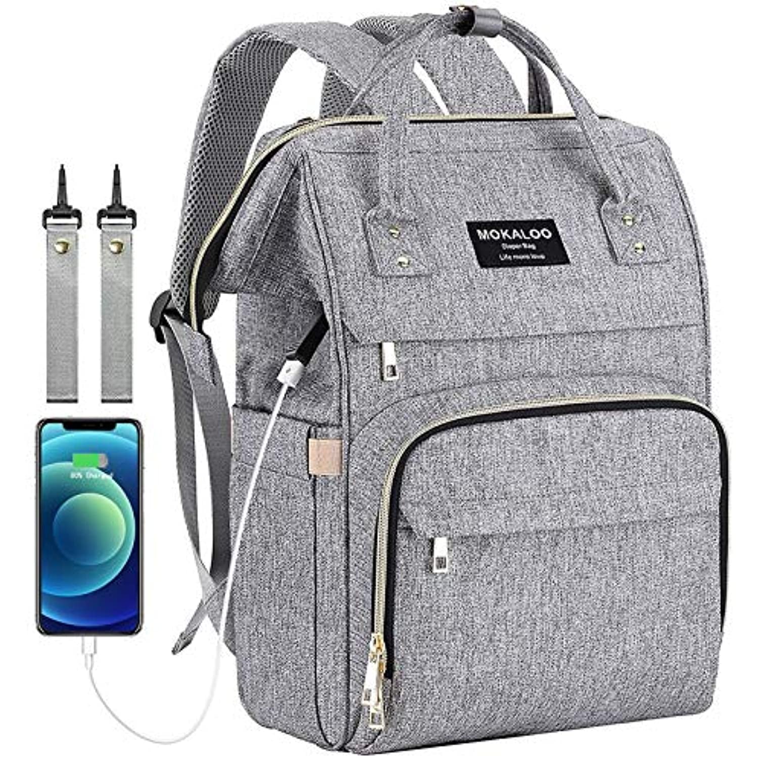 Baby Diaper Bag Backpack Gray Large Unisex Baby Bags for Boys Girls Multifunction Travel Baby Back Pack Waterproof & Stylish Baby Changing Bags with Changing Pad & Stroller Straps 