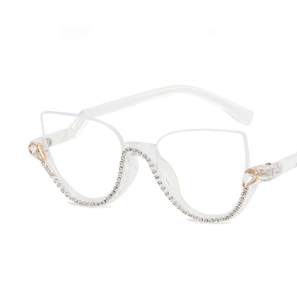 Women Half Moon Blue Light Blocking Reading Glasses 1.50 Ladies Semi-Rimless Transparent Diamond Readers +1.50 Strength