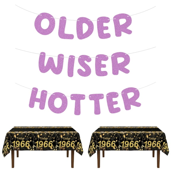 OLDER WISER HOTTER Birthday Decor Set - Premium Tablecloth & 3 Glitter Banner Kit, Funny 60th Party Supplies for Women & Men (Violet)