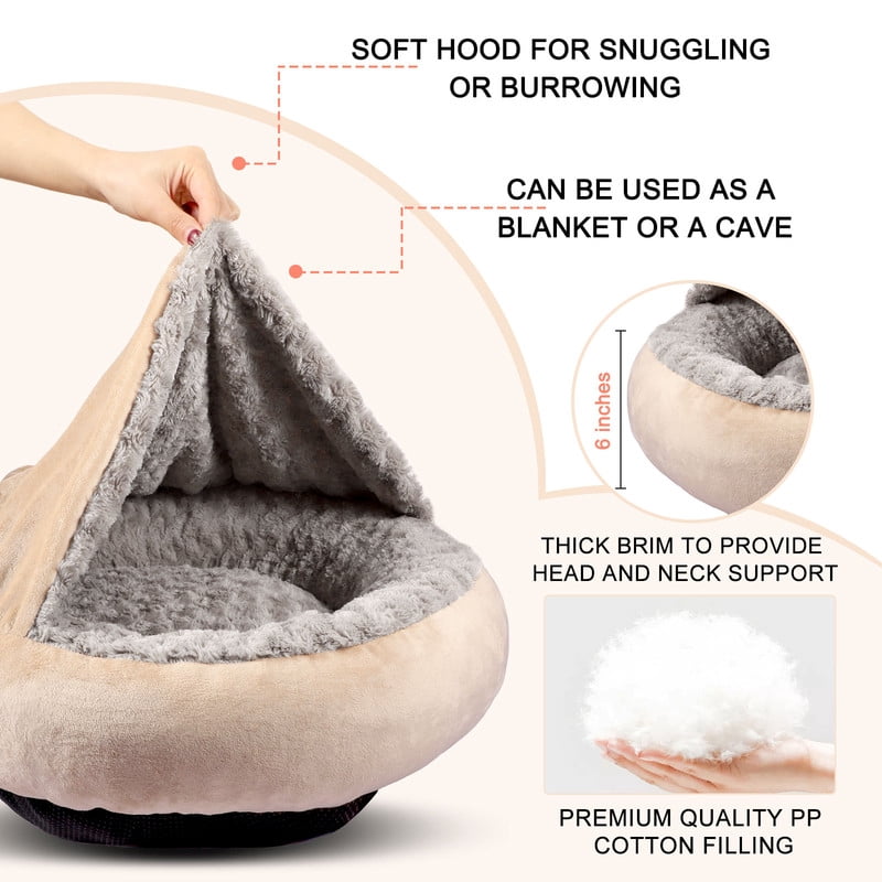 Donut Round Calming Anti-Anxiety Dog Burrow Cave Bed, Small Dog Bed Cat Bed with Hooded Blanket, Cozy Cuddler Luxury Puppy Pet Bed, Machine Washable, Anti-Slip Bottom, Beige, 26inch