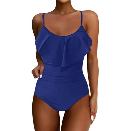 Biziza One Piece Swimsuit for Women Basic Blue Trendy Solid Color 2025 Padded Ruffled with Built in Bra Tummy Control Swimsuits Mock Turtleneck Ruffle Spandex Bathing Suits