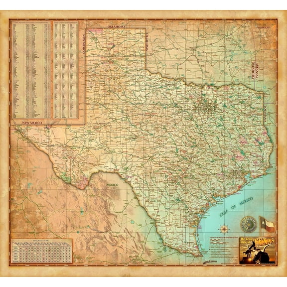 Antiqued Texas Wall Map - Paper 39"w x 36"h