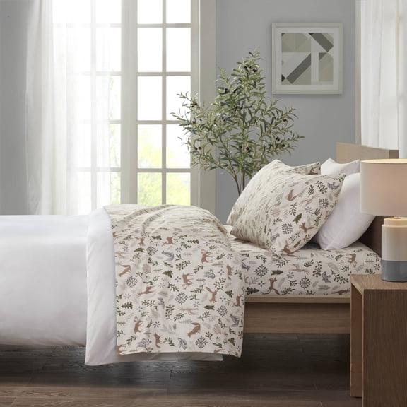4-Piece Queen Printed Sheet Set,Tan Woodland Winter