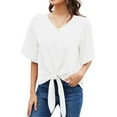 thumbnail image 4 of Uvplove Womens Tie Front Blouses V Neck Short Sleeve Chiffon Tops Dressy Casual Summer Shirts,White,US Size L, 4 of 10