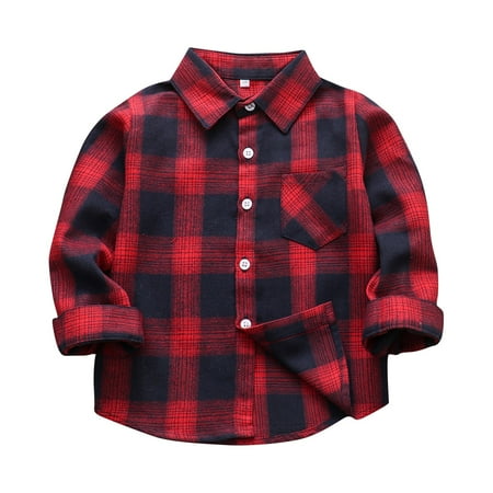 

EHTMSAK Infant Baby Boy Cotton Plaid Shirts Toddler Child High Neck Long Sleeve Button Up Jackets Fall Winter Pockets Outerwear Red 130