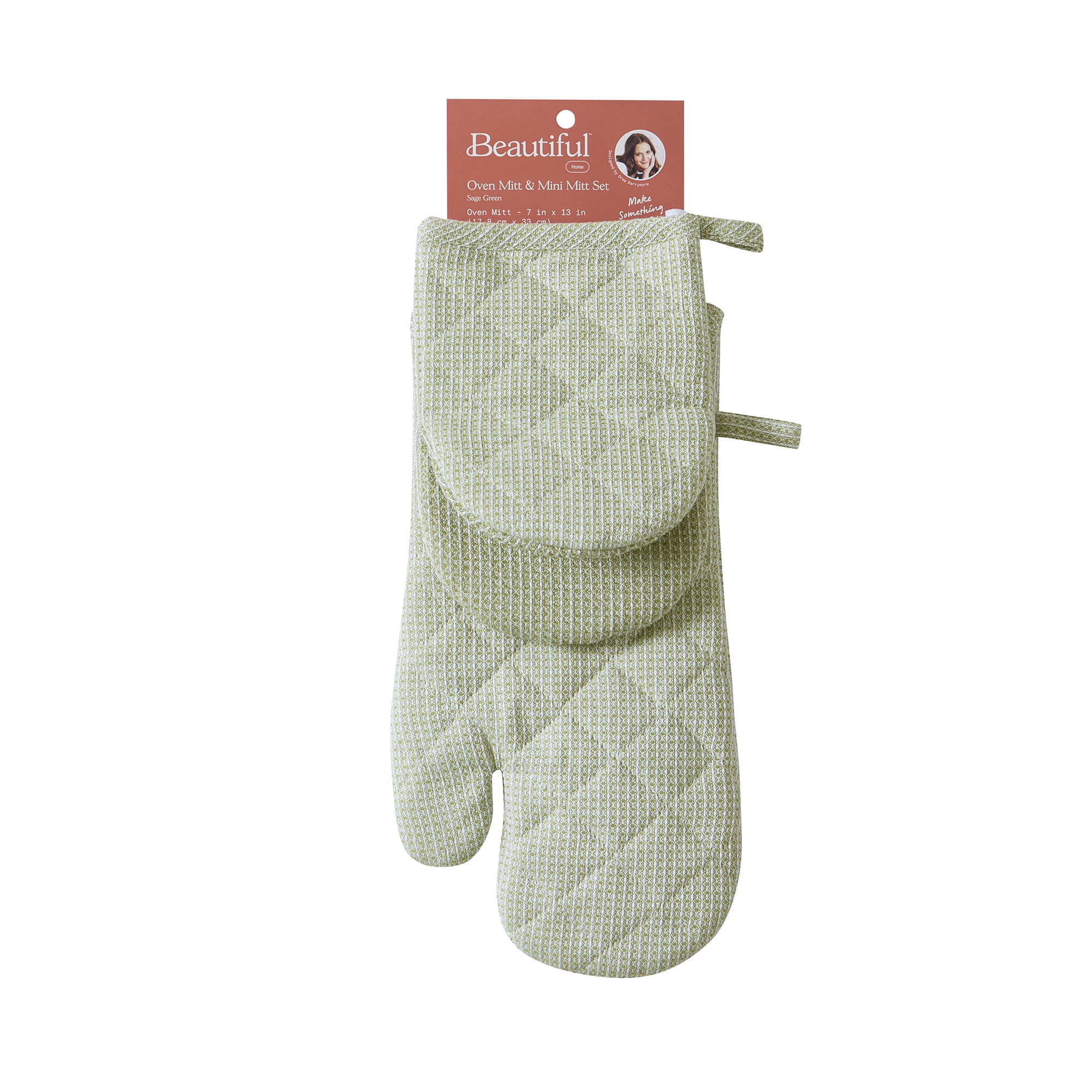 Beautiful Kitchen Waffle Oven Mitt & Mini Mitt Set, 100% Cotton, Heat Resistant, Sage Green, 2 Pack