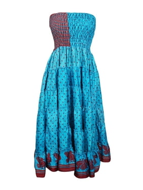 Mogul Women Blue Strapless Sundress Floral Print Recycled Sari Holiday Skirt Smocked Bodice Dual Design Dresses S/M