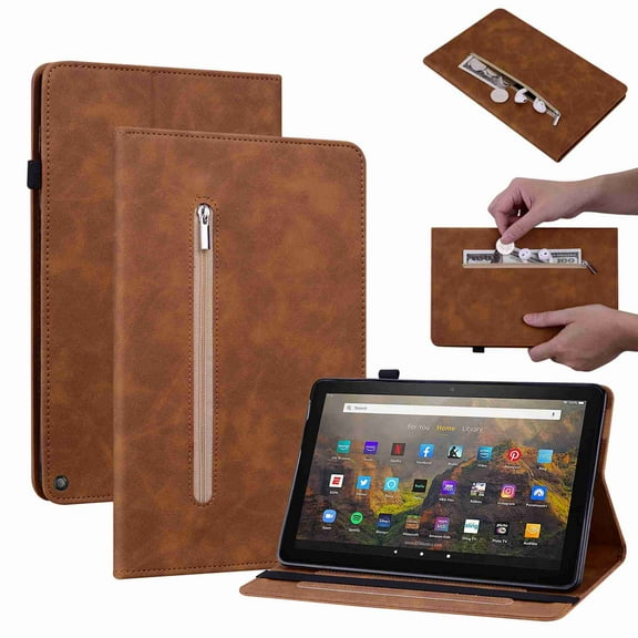 Dteck Case for Amazon Fire HD 10 (11th Generation) Case Zipper Folio Stand Cover PU Leather Wallet Proective Case with Card Holder for for Amazon Fire HD 10/10 Plus, Brown