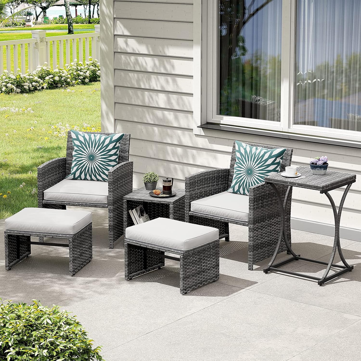 Wicker Patio Furniture Set Rattan Patio Chair Set with Ottoman, Perfect for Balcony, Small Space, Porch