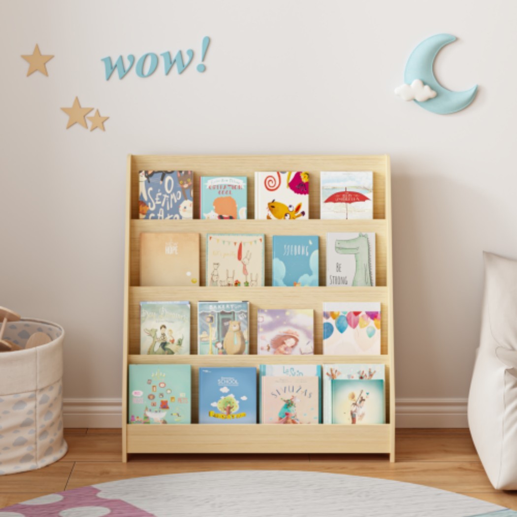 4-Tier Kids Bookshelf, Toddler Book Display Shelves, Wooden Children's Bookcase with Open Storage, Rounded Edges & Tip-Over Restraint for Bedroom, Playroom & Classroom, Neutral
