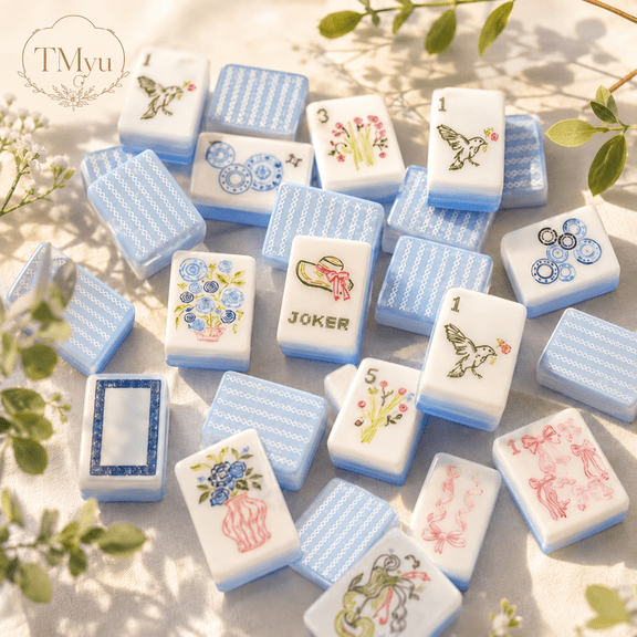 Blue & White Floral American Mahjong Set, 160 Acrylic Tiles, Travel Game Set with Bag