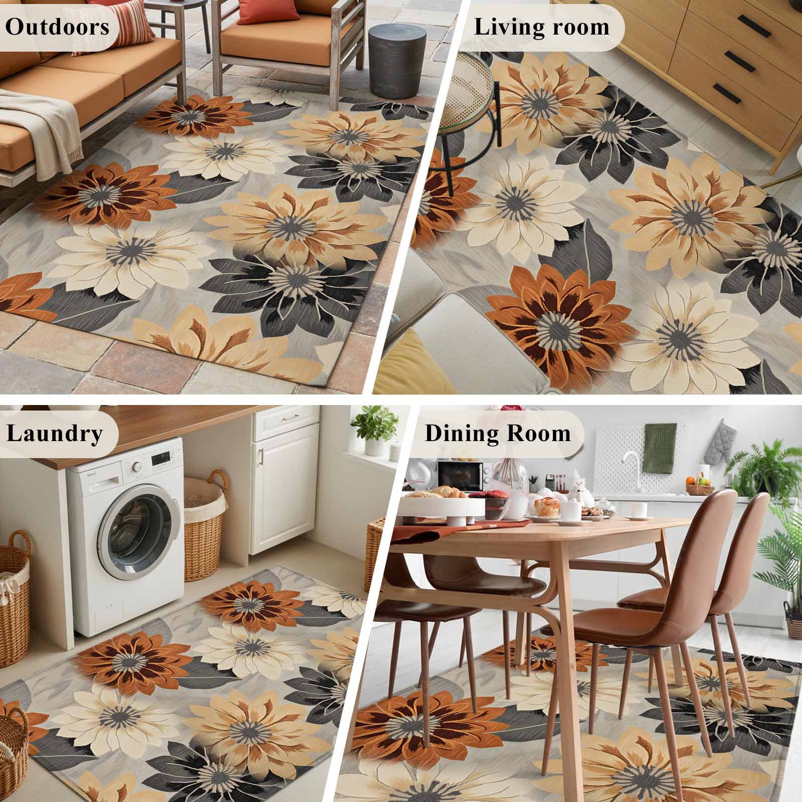 3'x5' Area Rugs, Burnt Orange Grey Black Flower Indoor Outdoor Area Rug for Living Room Bedroom, Spring Floral Botanical Washable Bathroom Rugs Kitchen Floor Carpet Mats Home Decor Aesthetic