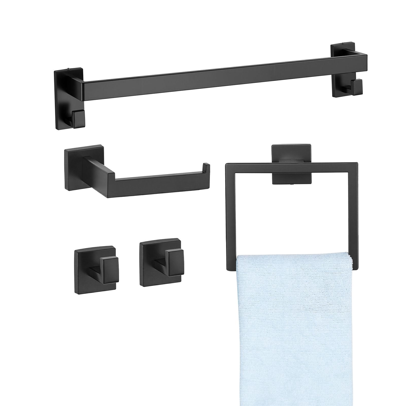 Bathroom Hardware Set 5-Piece Matte Black Stainless Steel Towel Bar with Hooks Towel Rack TP Holder 2 Robe Hooks for Bathroom Organization