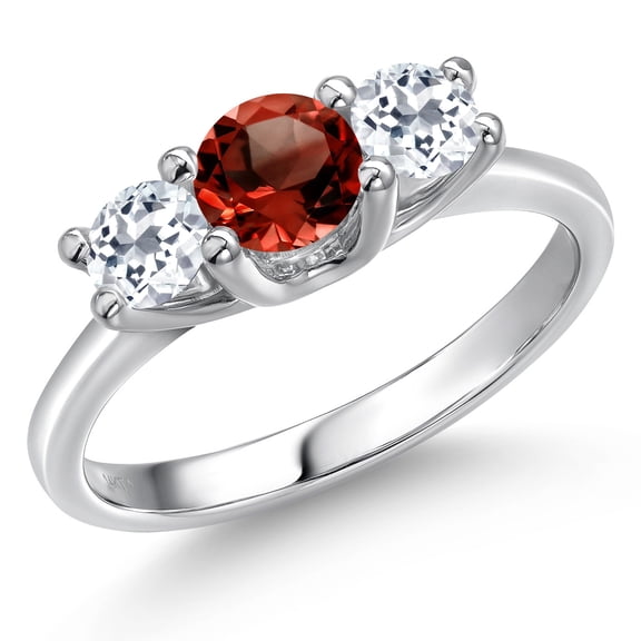 Gem Stone King 14K White Gold Red Garnet & White Topaz 3-Stone Engagement Ring | 1.21 Cttw | Round 5MM and 4MM | Three Stone Wedding Anniversary Promise Ring for Women (Size 5)
