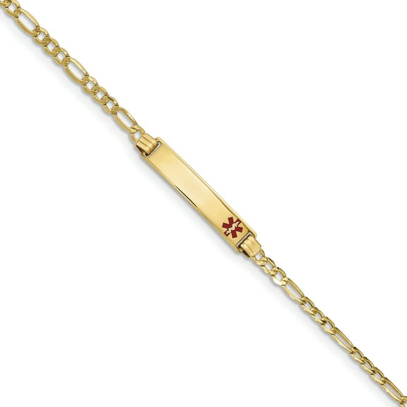 14K Yellow Gold Medical Polished Red Enamel ID with Hollow Link Bracelet