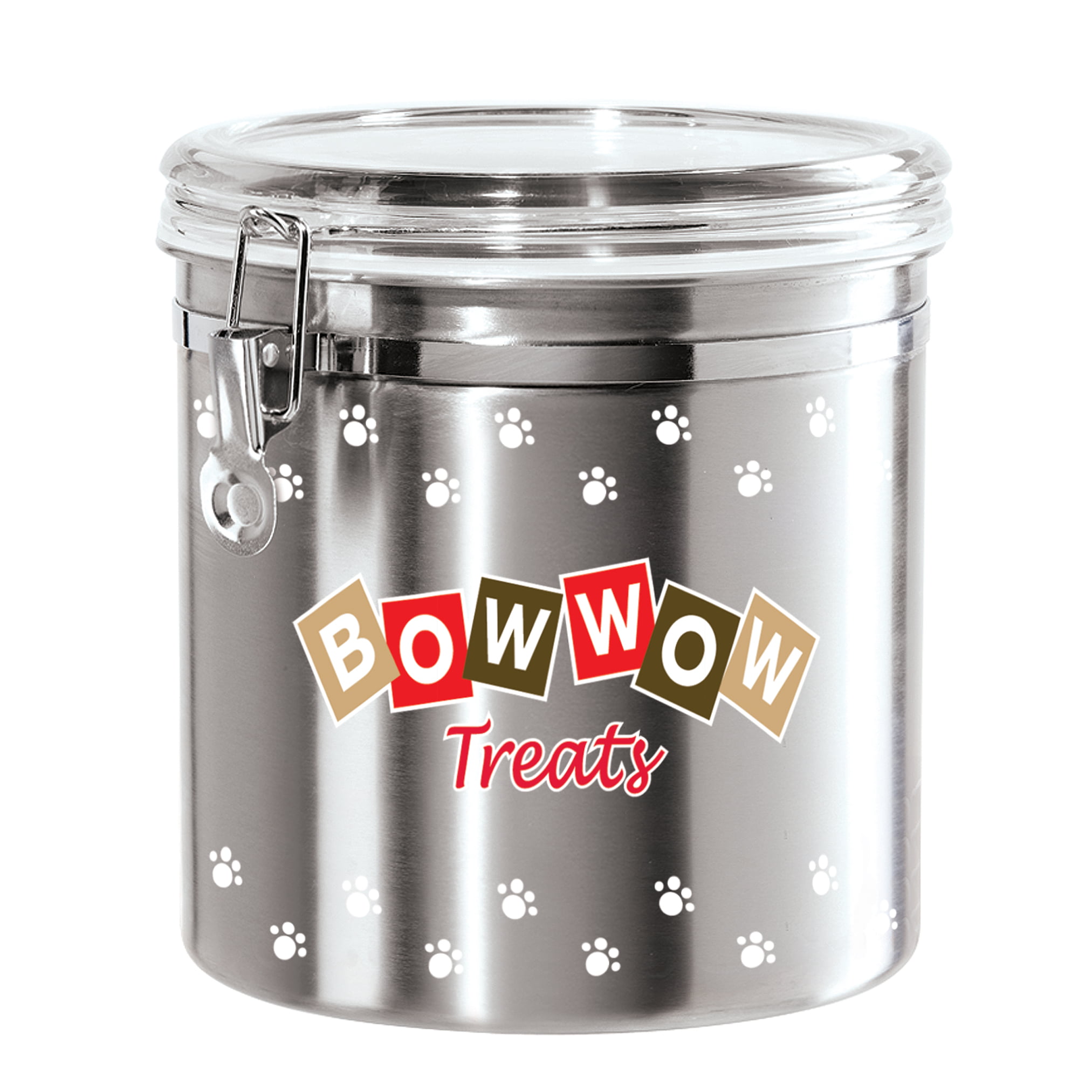 Oggi 8314 Jumbo Airtight Stainless Steel Pet Treat Canister with Bow Wow Motif-Clear Acrylic Flip-Top Lid and Locking Clamp Closure 130 oz Silver 