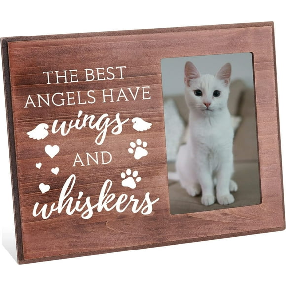 Les Meilleurs Anges Ont des Ailes et des Moustaches Cadre Photo 4x6 Pouces Cadre Photo Commémoratif pour Animaux avec Motif d'Empreintes de Pattes Cadre Cadeau de Sympathie en Bois pour Perte de Chien Ou Chat