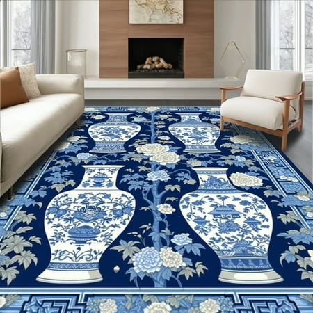 ODIKA 4'x6' Machine Washable Non-Slip Area Rug, Rustic Tan Tiled Jar Aesthetic High Traffic Rug, Blue, 29100