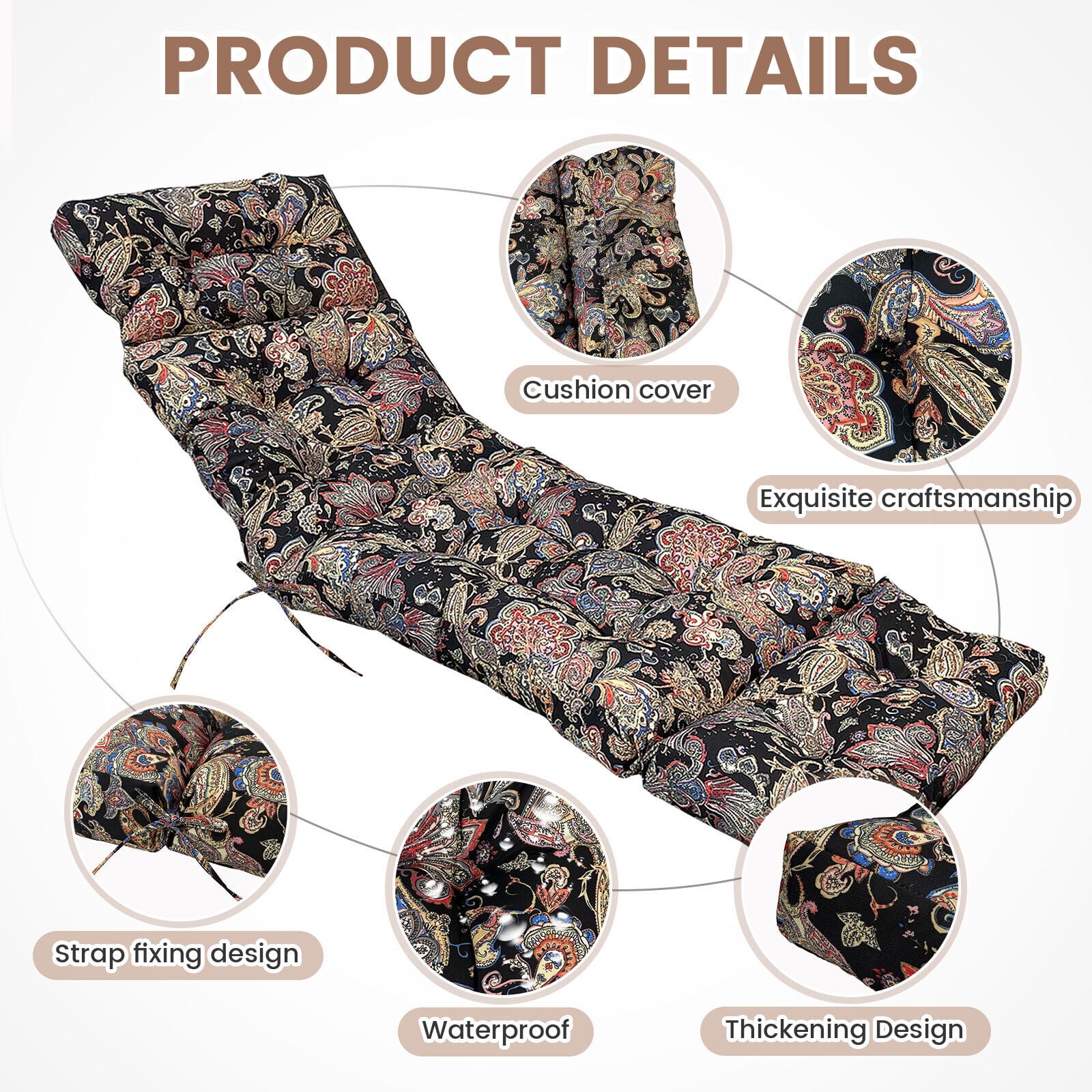 Outdoor Lounge Cushion Patio Chaise Replacement 71 x 20 Inch Rocking Cushion for Furniture Sofa Non Slip Beach Pool Recliner Sunbathing Chair Pads with Headrest