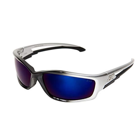 Edge Eyewear SK118 Kazbek Wrap-Around Safety Glasses, Anti-Scratch, Non-Slip, UV 400, Military Grade, ANSI/ISEA & MCEPS Compliant, 5.04" Wide, Black Frame/Blue Mirror Lens