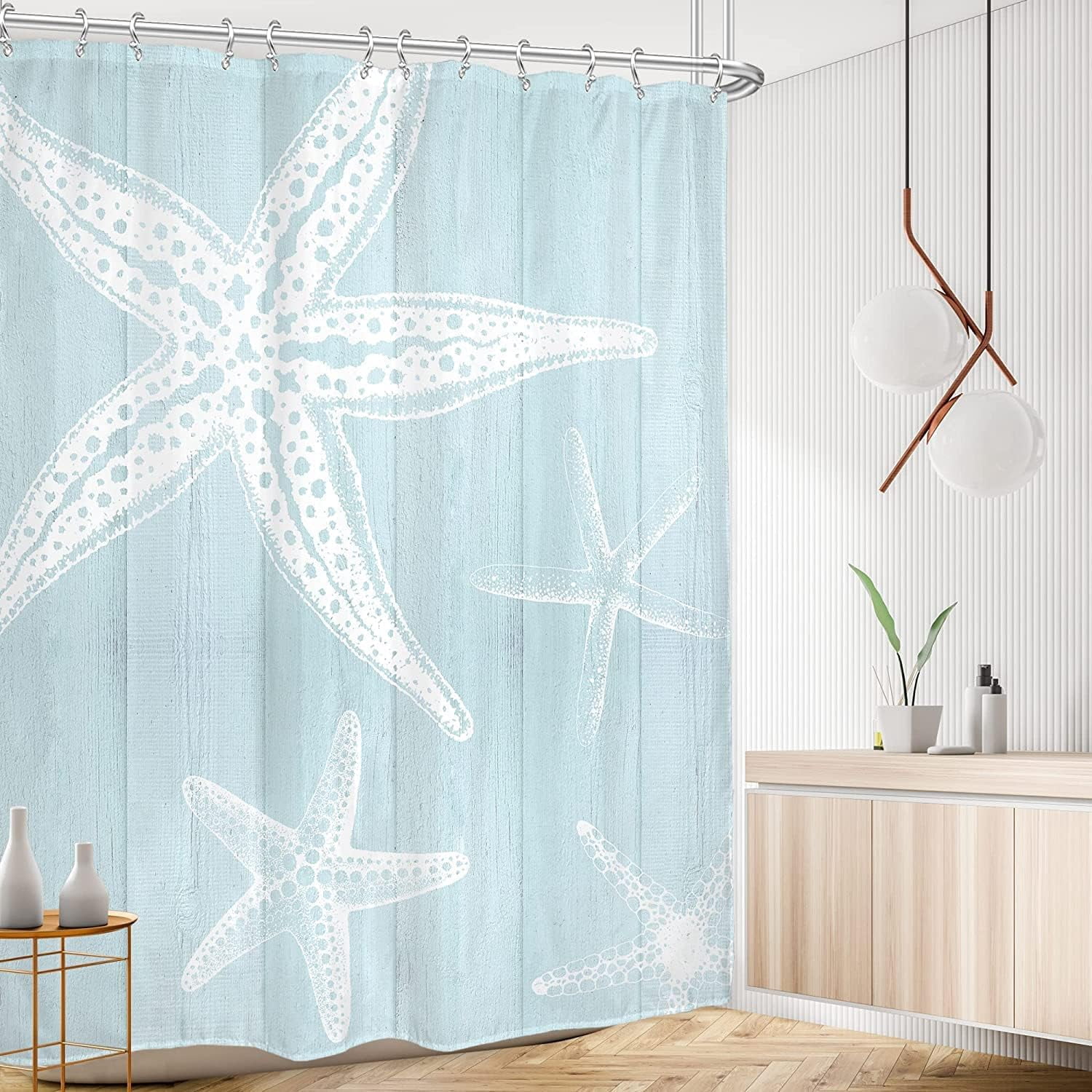 Beach Starfish Shower Curtain 72Wx72L Inch Coastal Farmhouse Nautical Vintage Country Wooden Plank Ocean Rustic Artwork Cloth Fabric Waterproof Polyester Bathroom Decor Set with 12 Pack Hooks