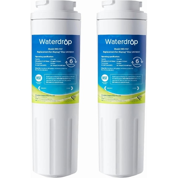 Waterdrop 2 Pack Replacement Refrigerator Water Filter for Whirlpool® EDR4RXD1 EveryDrop® Filter 4, Maytag® UKF8001AXX-750, UKF8001AXX-200, 46-900,  NSF 53&42 Certified