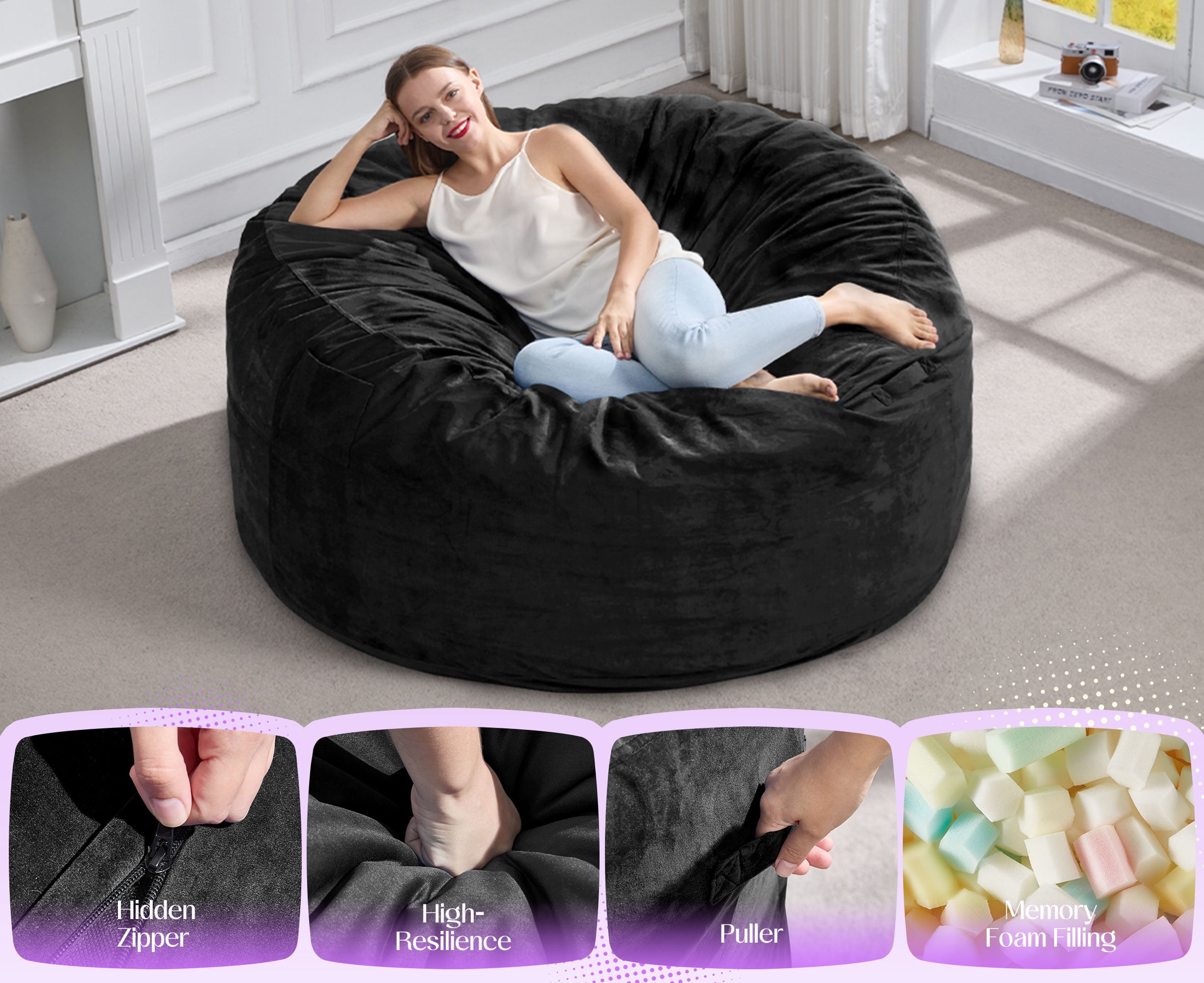 Hobestluk Bean Bag Chair 3 in 1 Beanbag Chairs for Adults, Large Bean Bags with Removable Velvet Cover, Convertible Adult Bean Bag Chair for Living Room, Bedroom, Playroom (Black, Queen)
