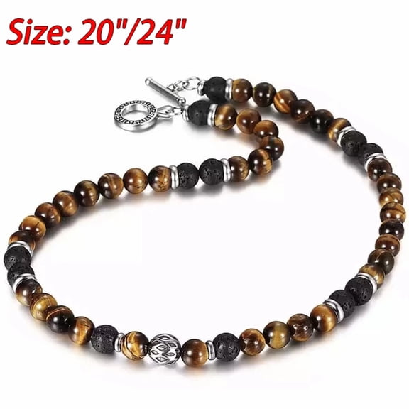 Men's Tiger Eye Necklace 8mm Natural Lava Beads Stainless Steel Toggle 20/24" (24in)