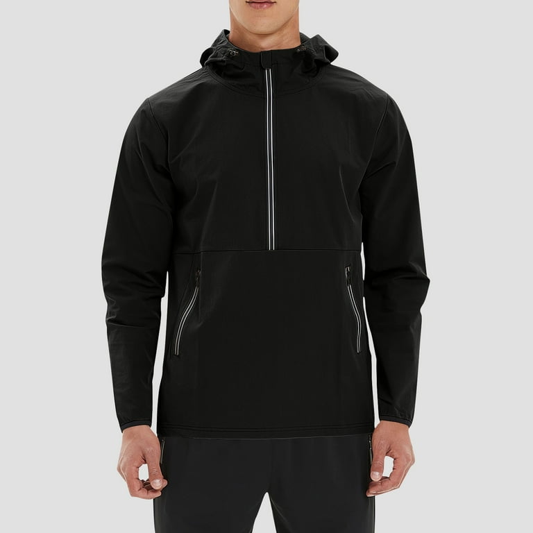 HOOMEUMY Men s Running Jacket Windproof Waterproof Hooded Lightweight Breathable Half Zip Pullover Workout Sportswear Outdoor Activewear Black XXXL Walmart