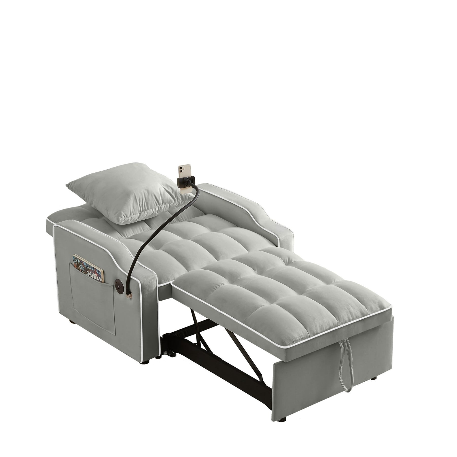 3-in-1 Sleeper Sofa Chair Bed with USB & Type-C, Adjustable Velvet Recliner Couch for Small Spaces, Gray