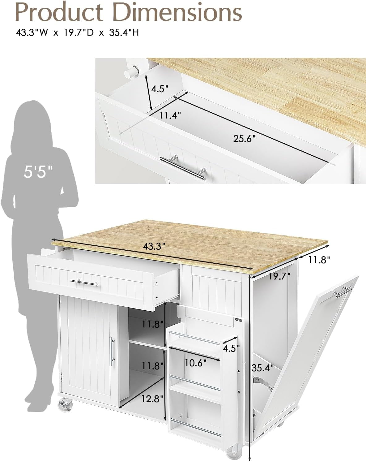 Kitchen Island with Storage, 31.5" D Rolling Kitchen Island Cart on Wheels with Widen Drop Leaf Rubberwood Top, Large Mobile Kitchen Island with Trash Can Storage and Towel Bar, White