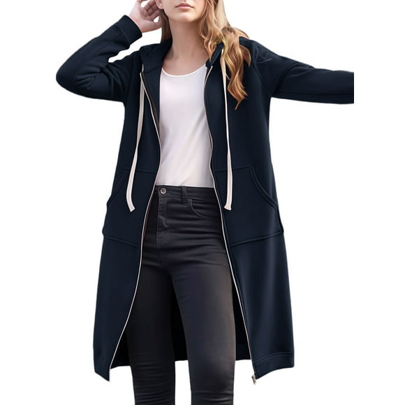 Womens Hoodies Sweatshirts with Zipper Oversized Fashion Long Hooded Fall Winter Jackets with Pockets Navy Blue 4XL