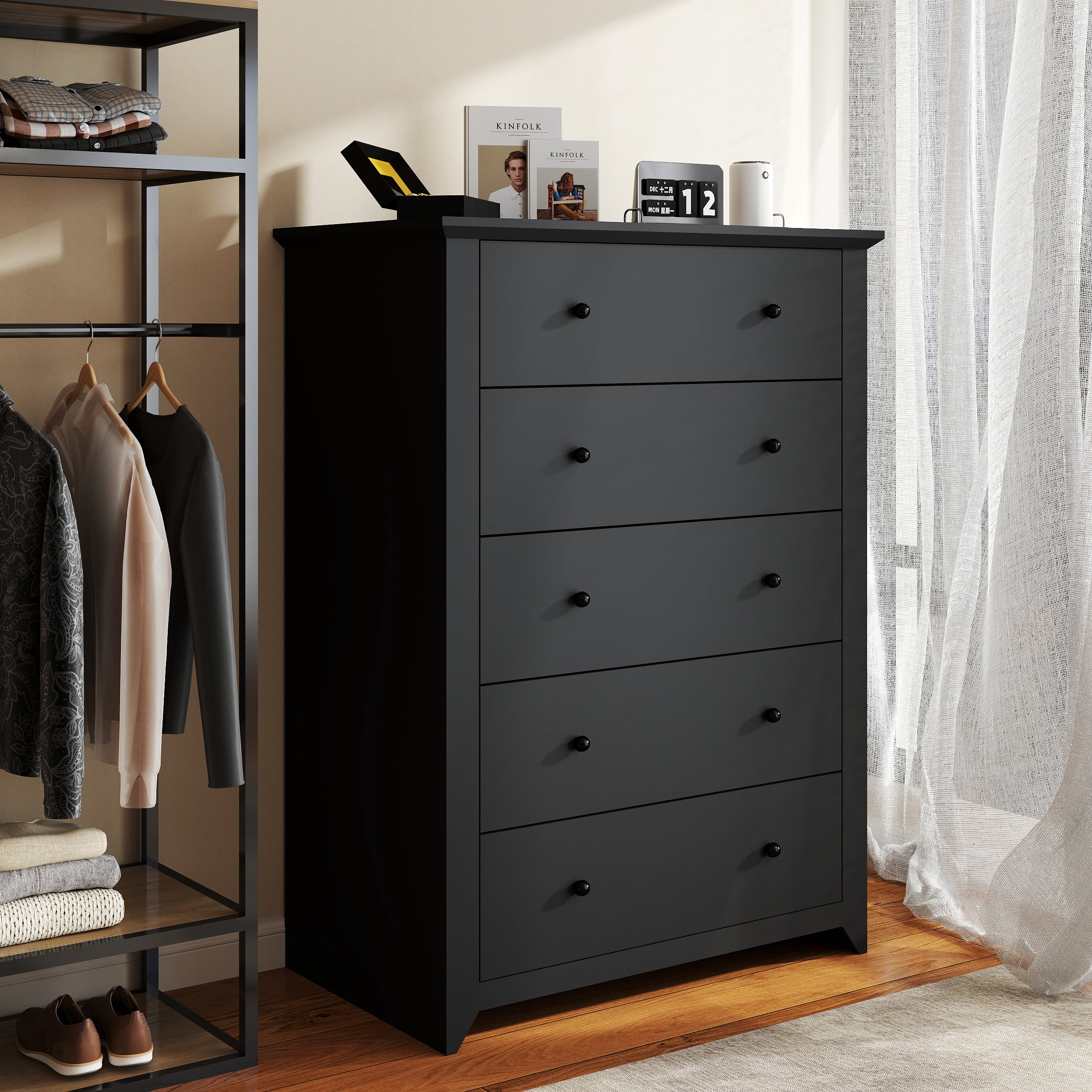 TrumanPick Black Dresser for Bedroom with 5 Drawers 47" Tall Chest of Drawers Wooden Dressers for Closet Living Room