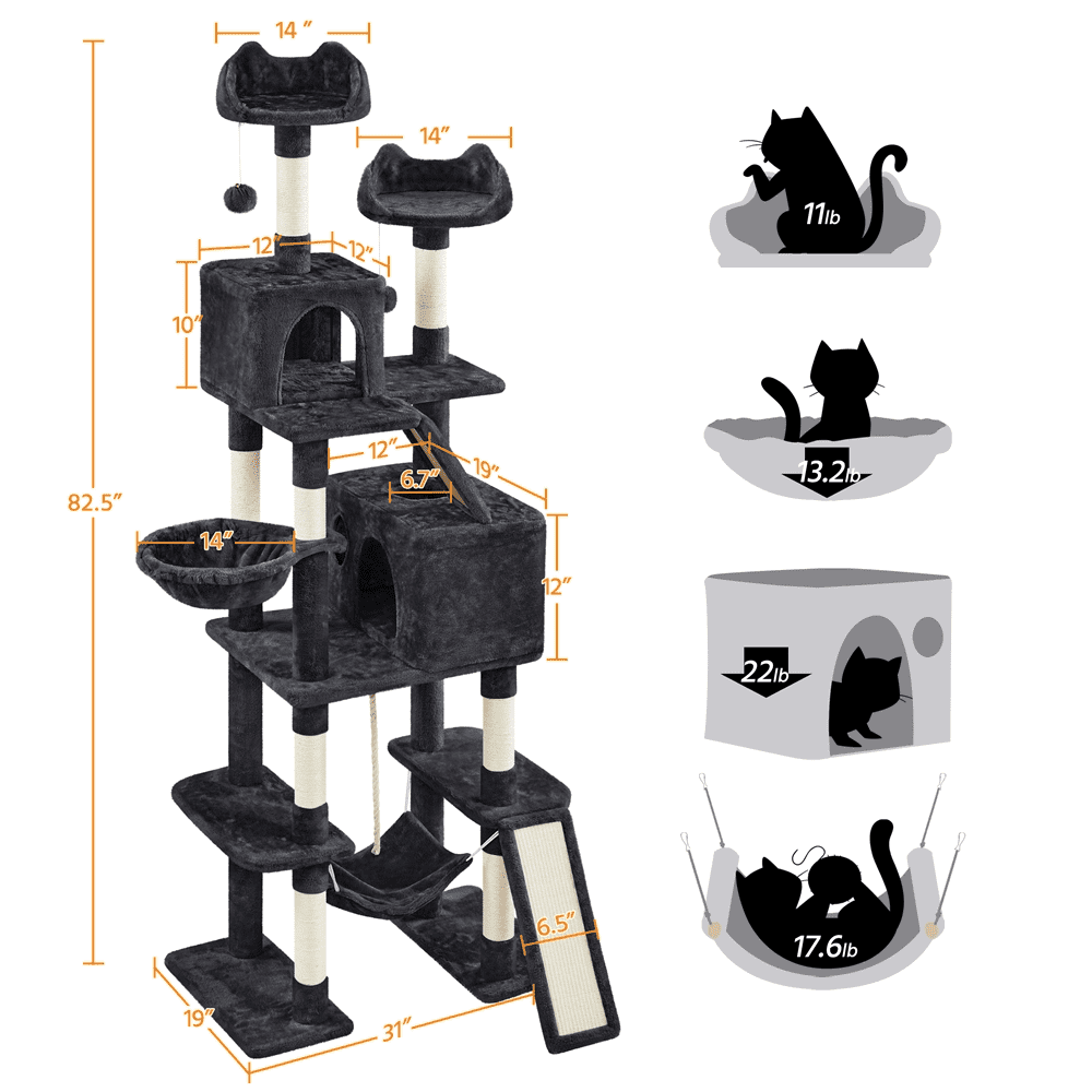 Alden Design 82.5" H Multi Level Cat Tree with 2 Cozy Condos and Basket, Black