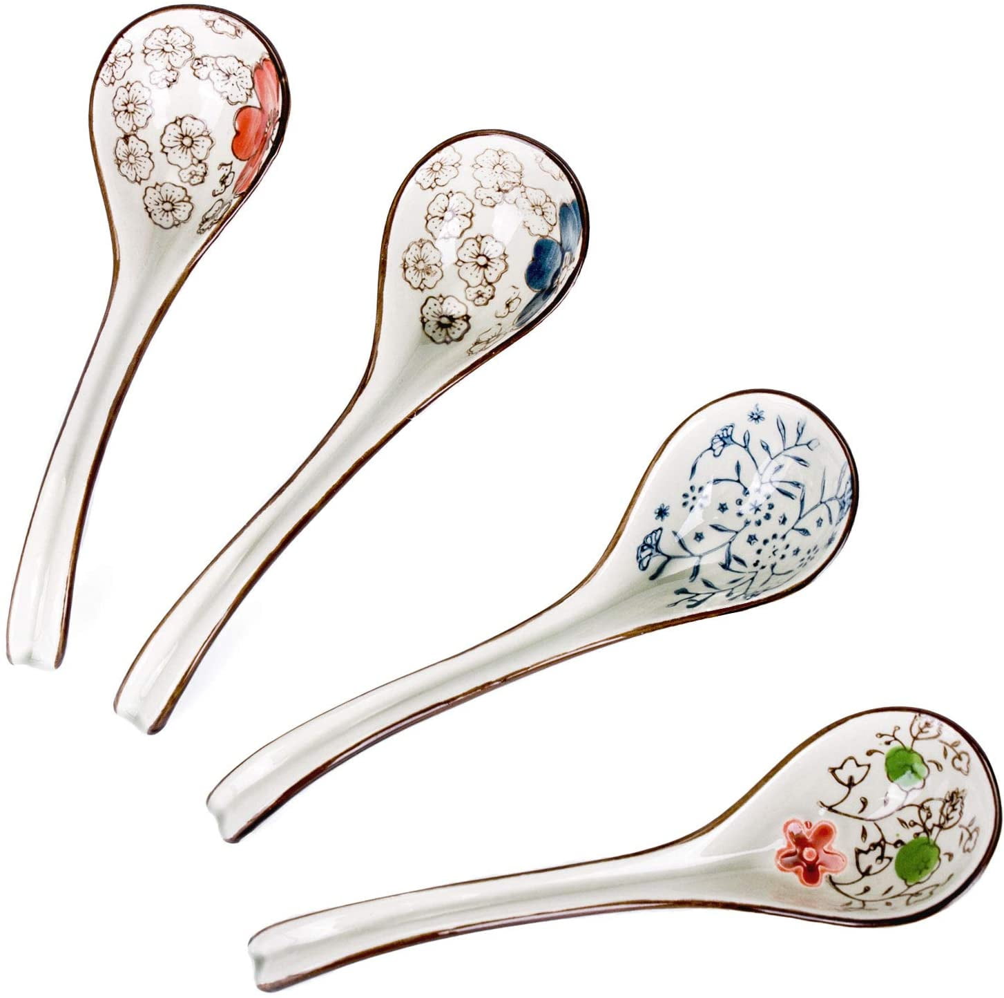 Set of 4 Chinese/Japanese Ceramic Soup Spoons, Vintage hand painted