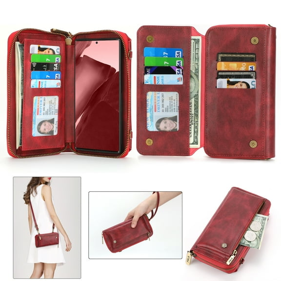 Wallet Case For Samsung Galaxy Note 20 Ultra,Crossbody Cover with Long Shoulder Strap Lanyard Magnetic Zipper Card Cash Pockets Shockproof Retro Leather Case For Samsung Galaxy Note 20 Ultra,Red