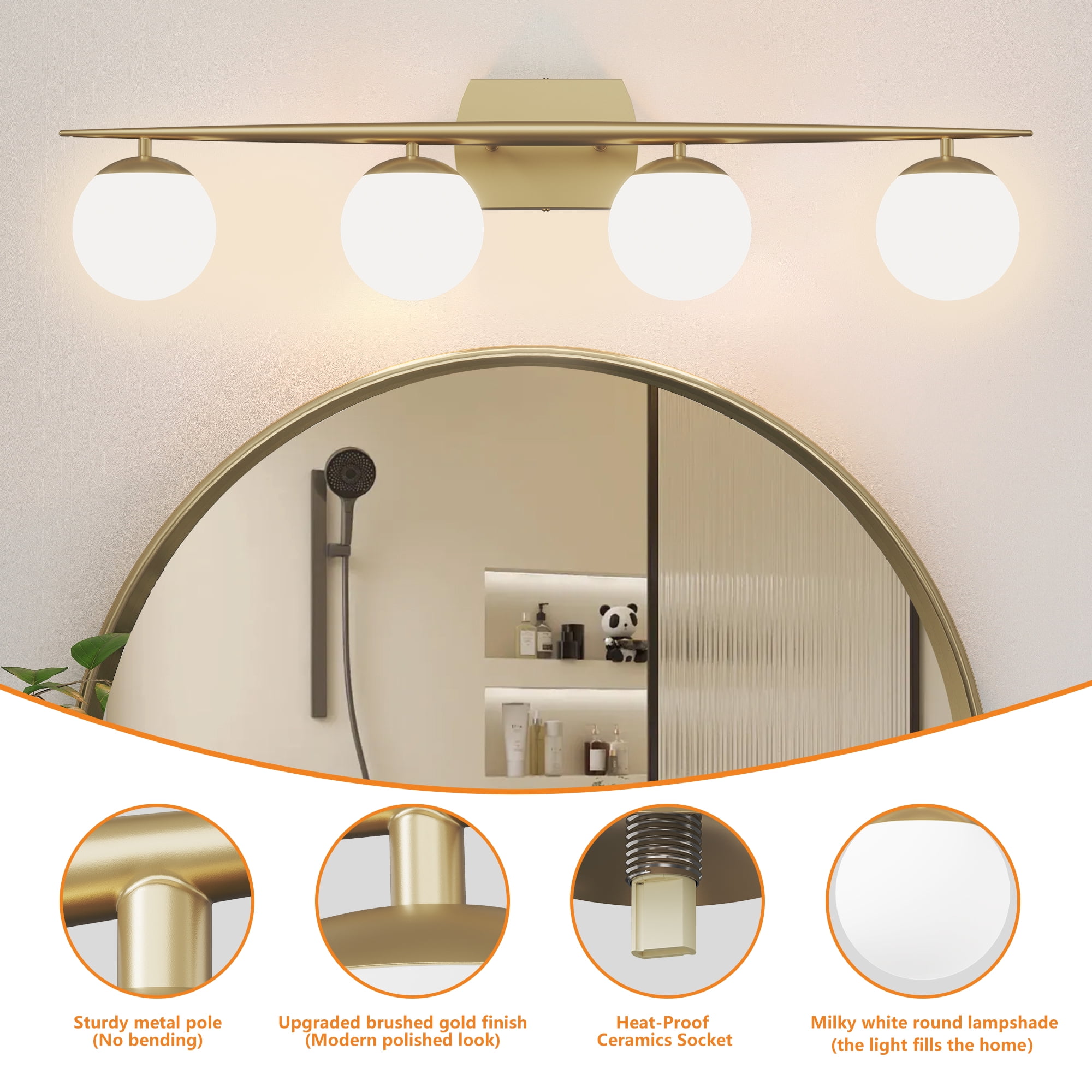 Gold Vanity Lighting Fixtures, 4-Light 34.7 Inch Modern Bathroom Light with Milky White Frosted Glass Shades, Wall Lights for Bathroom, Bedroom, Living Room（G9 Bulb not Included）