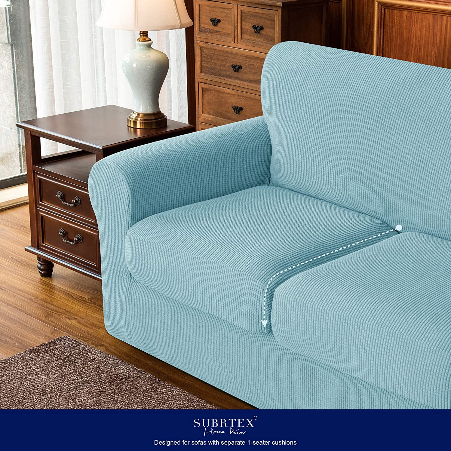 Subrtex 3-Piece High Spandex Textured Grid Sofa Slipcover, Separate Cushion Cover(Steel Blue, Loveseat)